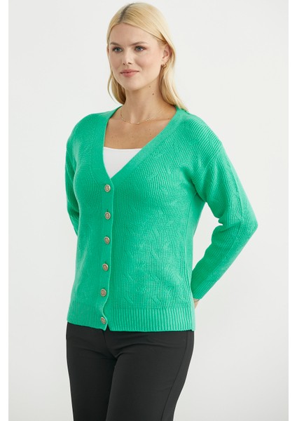 Metal Düğmeli Oversize Triko Hırka - Yeşil modelleri