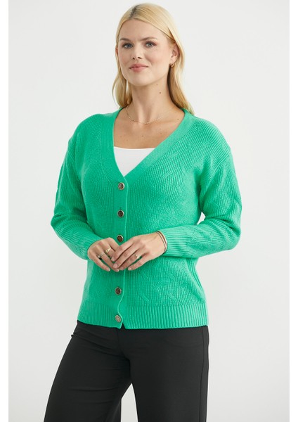 Metal Düğmeli Oversize Triko Hırka - Yeşil fırsatları