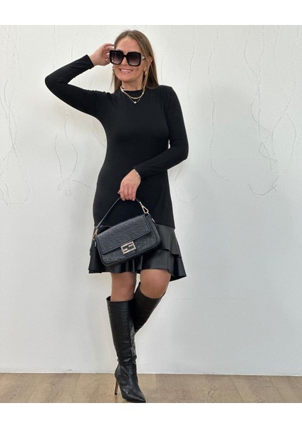 Kadın Uzun Kollu Bisiklet Yaka Üst Viskon Etek Ucu Deri Kısa Elbise modelleri