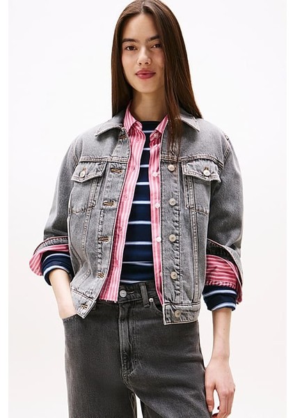 Kadın Rahat Kalıp Çok Cepli Jean Ceket - Eskitme Gri