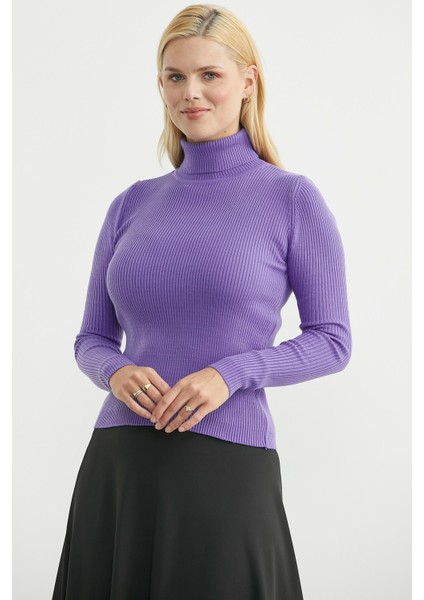 Tam Balıkçı Fitilli Basic Triko Kazak - Lila fiyatları