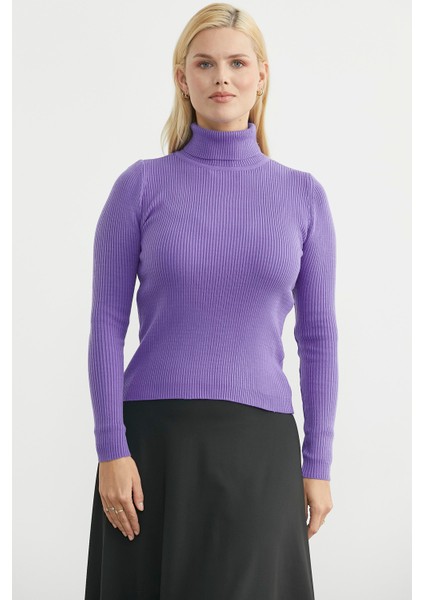Tam Balıkçı Fitilli Basic Triko Kazak - Lila modelleri