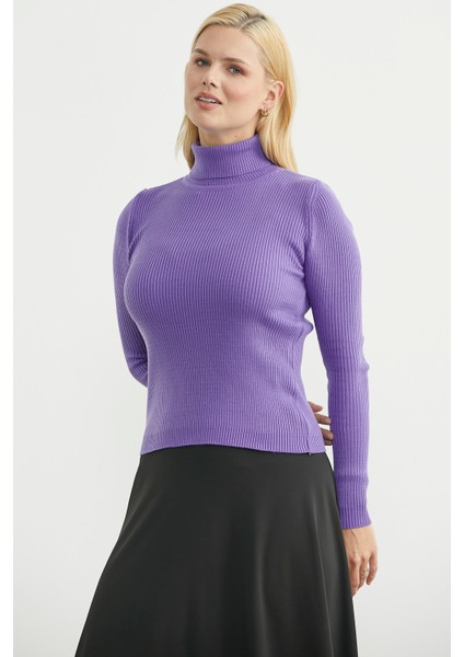Tam Balıkçı Fitilli Basic Triko Kazak - Lila fırsatları