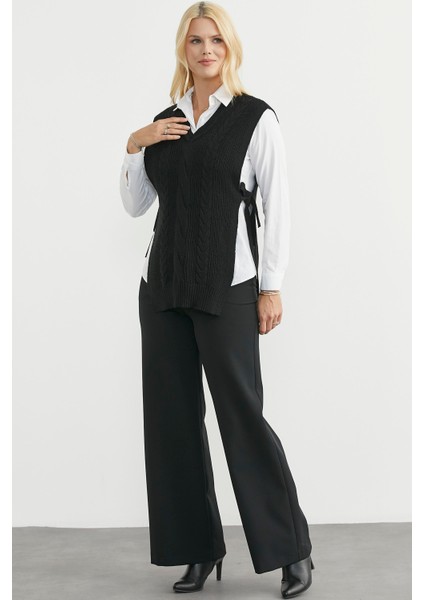 Yanları Bağlama Detaylı Yünlü Triko Süveter - Siyah fiyatları