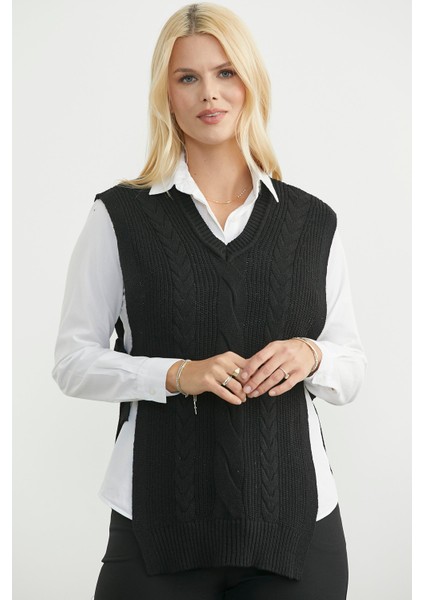 Yanları Bağlama Detaylı Yünlü Triko Süveter - Siyah modelleri