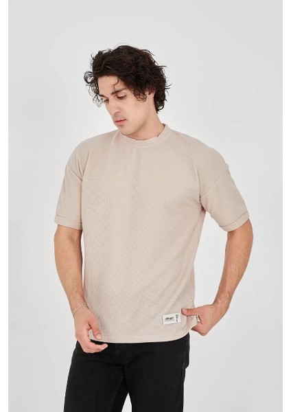 Unisex Waffle Kumaş Rahat Kol T-Shirt - Bej fiyatları
