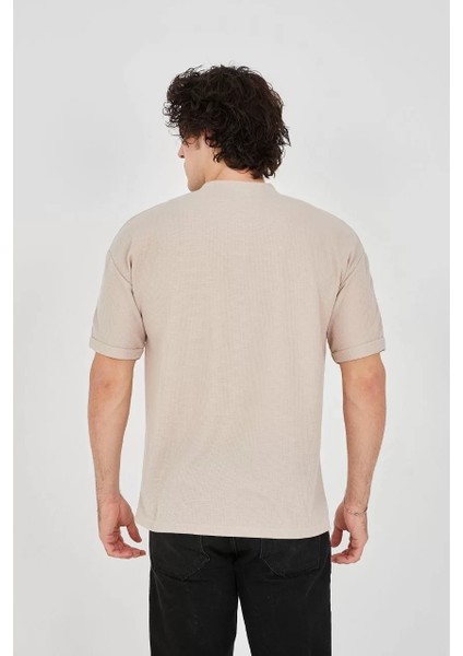 Unisex Waffle Kumaş Rahat Kol T-Shirt - Bej fırsatları