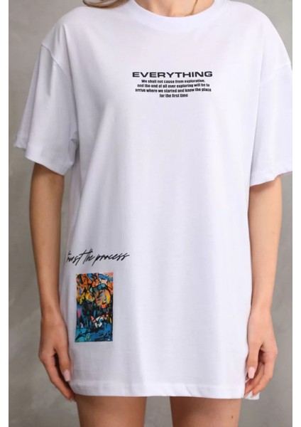 Unisex Bisiklet Yaka Baskılı Oversize T-Shirt - Beyaz fiyatları