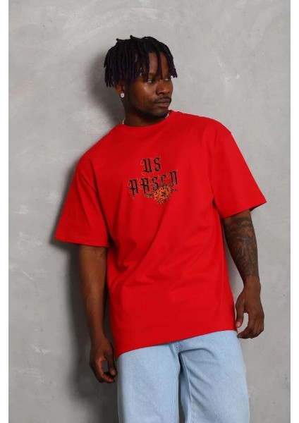 Unisex Oversize Baskılı Bisiklet Yaka T-Shirt - Kırmızı modelleri