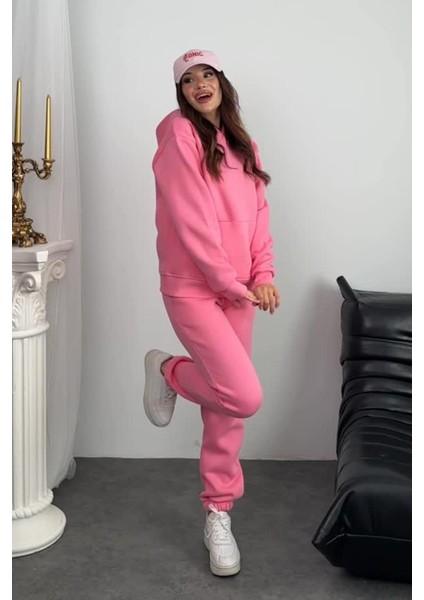 Kadın 3 Iplik Şardonlu Kapşonlu Sweatshirt Paçası Lastikli Pembe Eşofman Takımı