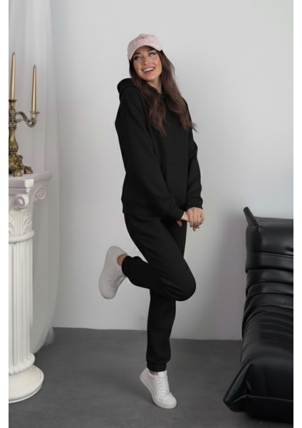 Kadın 3 Iplik Şardonlu Kapşonlu Sweatshirt Paçası Lastikli Siyah Eşofman Takımı