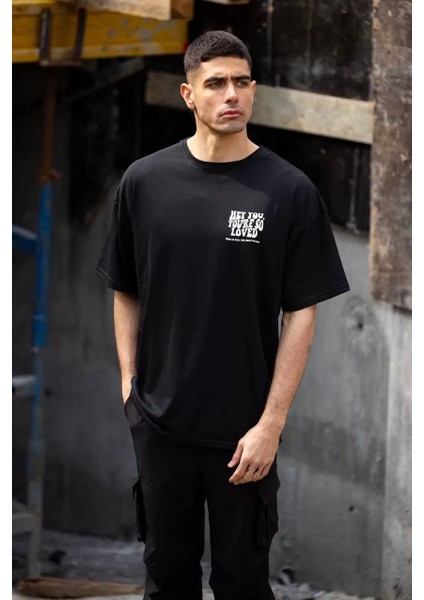 Unisex Bisiklet Yaka Baskılı Oversize T-Shirt - Siyah modelleri