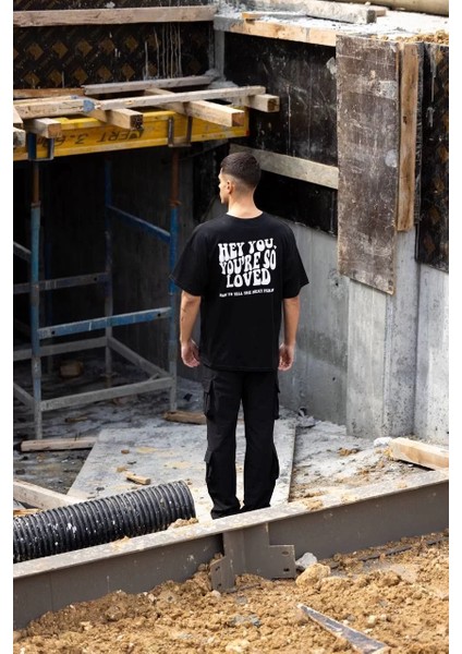 Unisex Bisiklet Yaka Baskılı Oversize T-Shirt - Siyah fırsatları