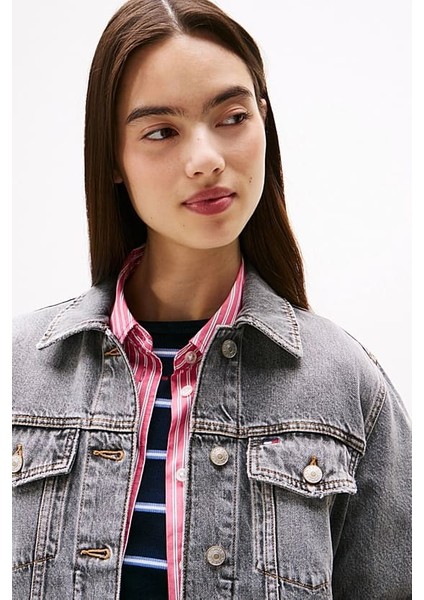 Kadın Rahat Kalıp Çok Cepli Jean Ceket - Eskitme Gri indirimleri