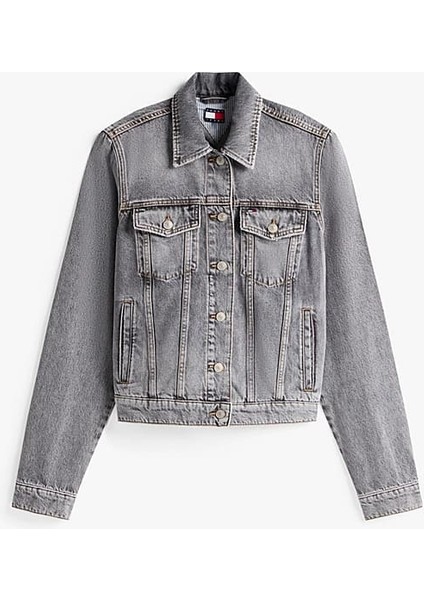Kadın Rahat Kalıp Çok Cepli Jean Ceket - Eskitme Gri