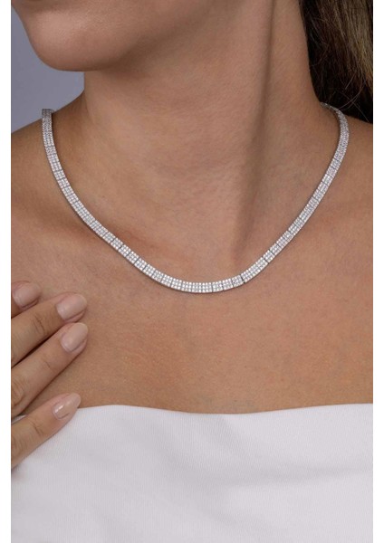 Beyaz Altın Kaplama 3 Sıra Su Yolu 925 Ayar Gümüş Kolye