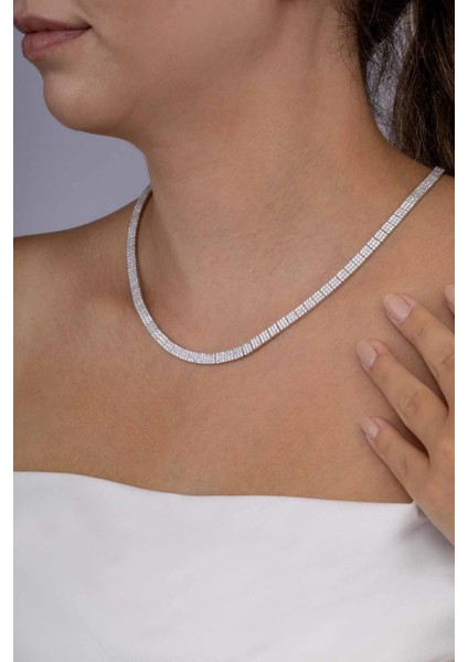 Beyaz Altın Kaplama 3 Sıra Su Yolu 925 Ayar Gümüş Kolye modelleri