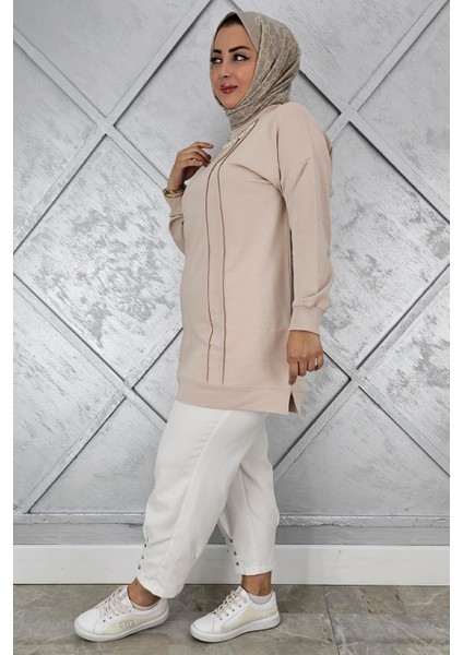 Kadın Nervür Dikim Inci Kolye Detaylı Tesettür Tunik