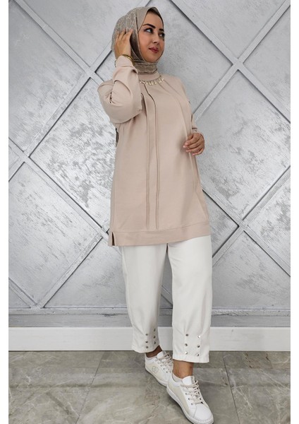 Kadın Nervür Dikim Inci Kolye Detaylı Tesettür Tunik fiyatları