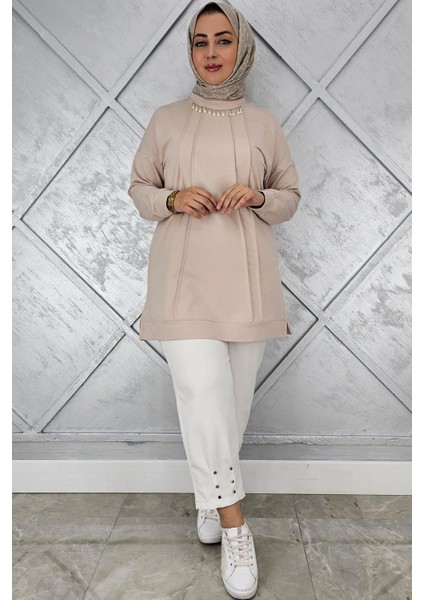 Kadın Nervür Dikim Inci Kolye Detaylı Tesettür Tunik modelleri