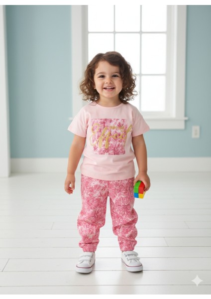 Kız Çocuk Pantolon Tişört Takım %100 Pamuk Nefes Alan Rahat Tarz Tasarım Cepli