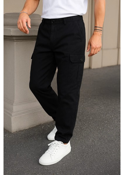 Erkek Yüksek Bel Bol Paça Siyah Taktik Kargo Pantolon