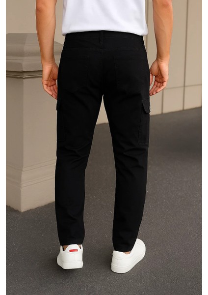 Erkek Yüksek Bel Bol Paça Siyah Taktik Kargo Pantolon