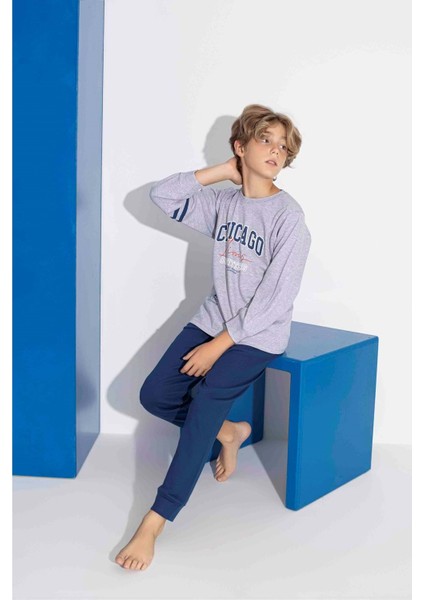 Tarık 10-15 Yaş Erkek Çocuk Chıcago Baskılı Interlok Pijama Takımı 4120320 - Gri