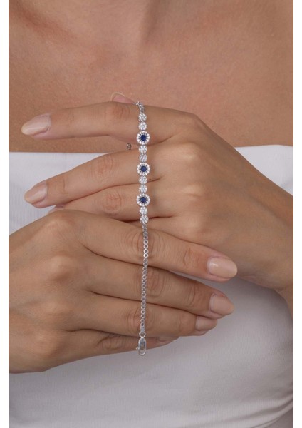 Safir Taşlı Su Yolu Pırlanta Montür Rodyum Kaplama Gümüş Bileklik