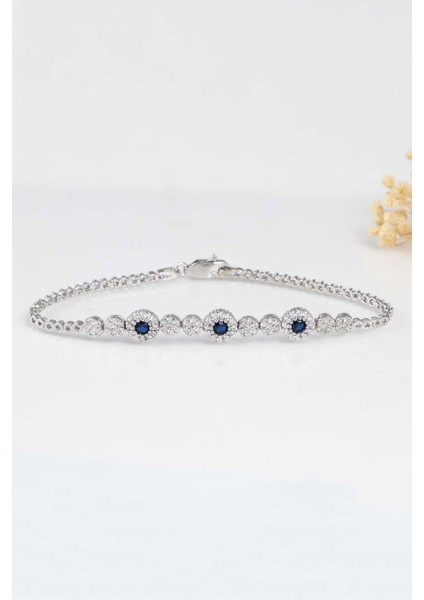 Safir Taşlı Su Yolu Pırlanta Montür Rodyum Kaplama Gümüş Bileklik fırsatları