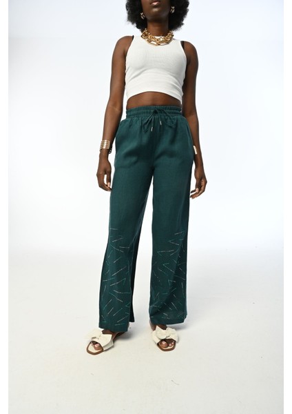 Kadın Rahat Kesim Diz Altı Taşlı Petrol Renk Pantolon