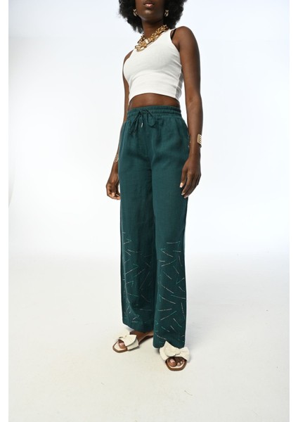 Kadın Rahat Kesim Diz Altı Taşlı Petrol Renk Pantolon fırsatları