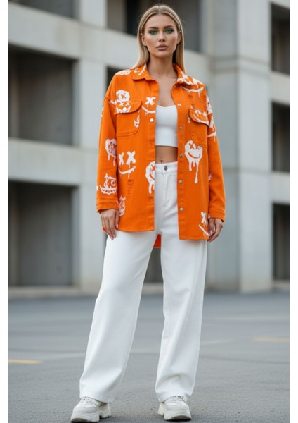 Kadın Oversize Turuncu Graffiti Baskılı Denim Ceket - Sokak Stili Urban Jean Gömlek Ceket
