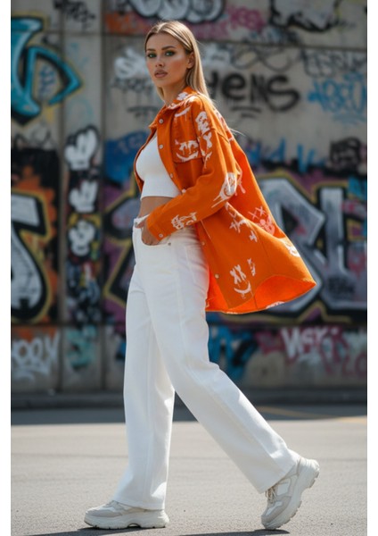Kadın Oversize Turuncu Graffiti Baskılı Denim Ceket - Sokak Stili Urban Jean Gömlek Ceket modelleri