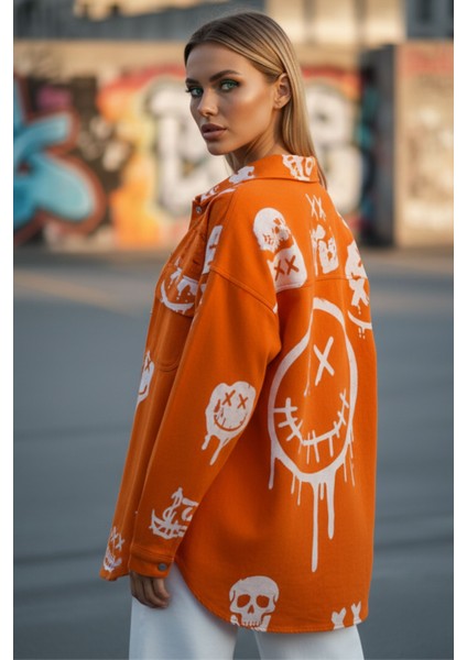 Kadın Oversize Turuncu Graffiti Baskılı Denim Ceket - Sokak Stili Urban Jean Gömlek Ceket indirimleri