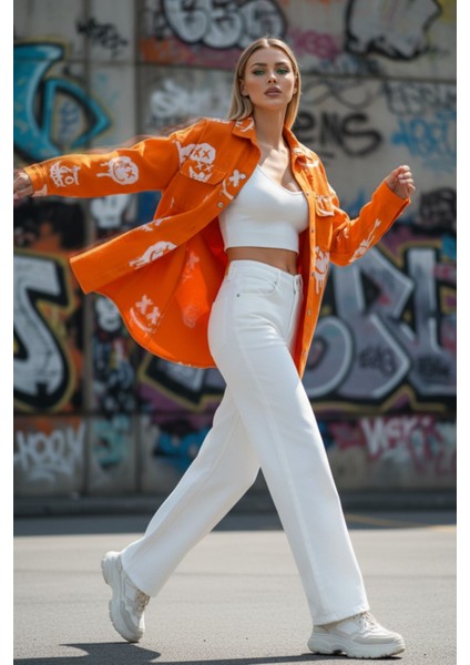 Kadın Oversize Turuncu Graffiti Baskılı Denim Ceket - Sokak Stili Urban Jean Gömlek Ceket