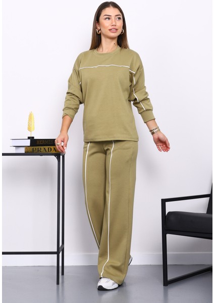 Yağ Yeşili Biye Detaylı Sweat Pantolonlu Takım