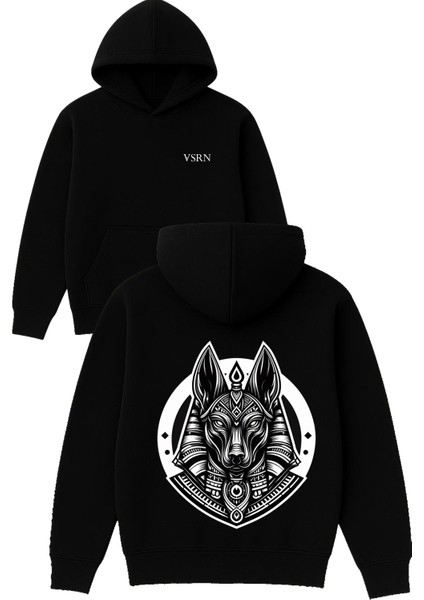 Mısır Tanrısı Tasarım Baskılı Oversize Siyah Kapüşonlu Sweatshirt