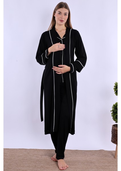 Siyah Sabahlıklı Hamile Lohusa Pijama Takımı