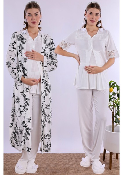 Ekru Sabahlıklı Hamile Lohusa Pijama Takımı