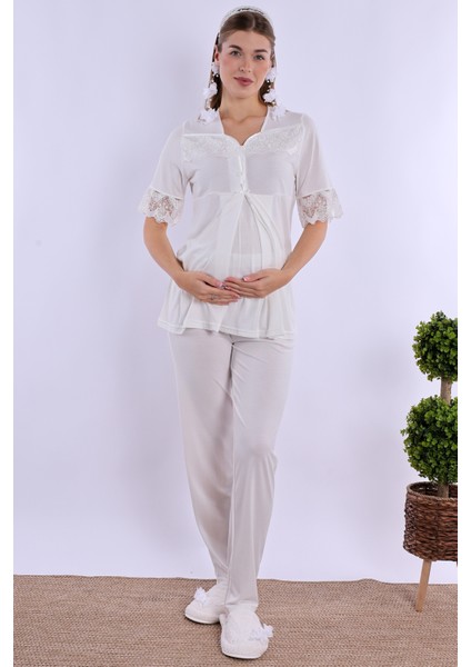 Ekru Sabahlıklı Hamile Lohusa Pijama Takımı indirimleri