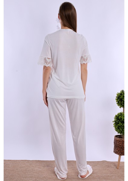Ekru Sabahlıklı Hamile Lohusa Pijama Takımı