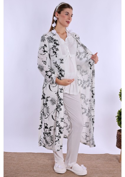 Ekru Sabahlıklı Hamile Lohusa Pijama Takımı