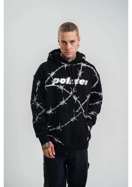 Unisex Kapşonlu Varak ve Pano Baskılı Sweatshirt- Siyah