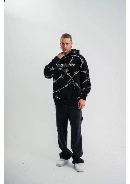 Unisex Kapşonlu Varak ve Pano Baskılı Sweatshirt- Siyah fiyatları