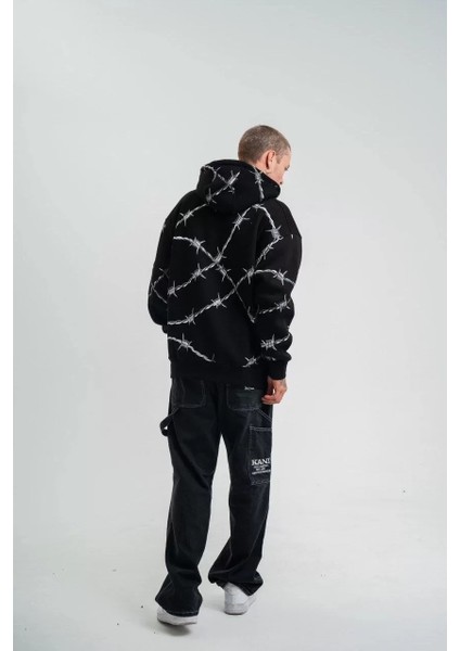 Unisex Kapşonlu Varak ve Pano Baskılı Sweatshirt- Siyah indirimleri