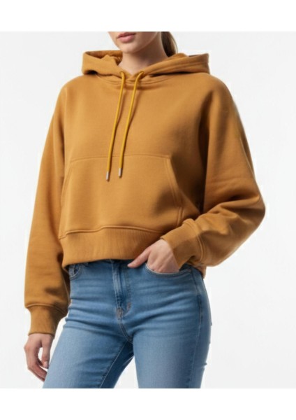 Kadın Oversize Üç Iplik Şardonlu Yarasa Kol Kapüşonlu Crop Sweatshirt fiyatları