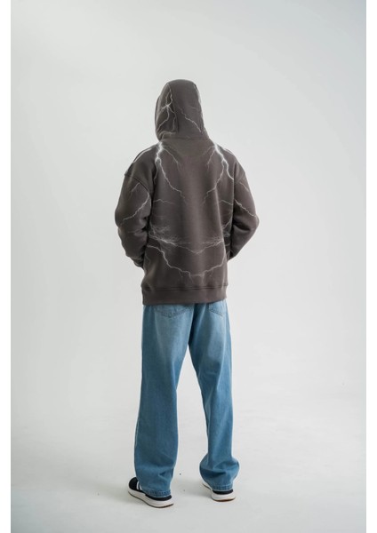 Double Oversize Kapşonlu Şimşek Pano Baskılı Sweatshirt - Füme fırsatları