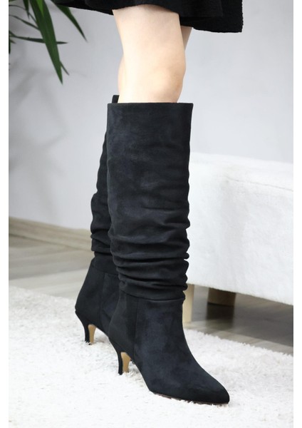 Kadın Oslo Topuklu Büzgülü Şık Tarz Günlük Rahat Çizme Siyah Süet fırsatları