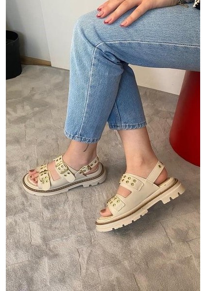 Kadın Simya Krem Çift Bantlı Kapsül Detaylı Kalın Taban Ortopedik Sandalet Krem modelleri